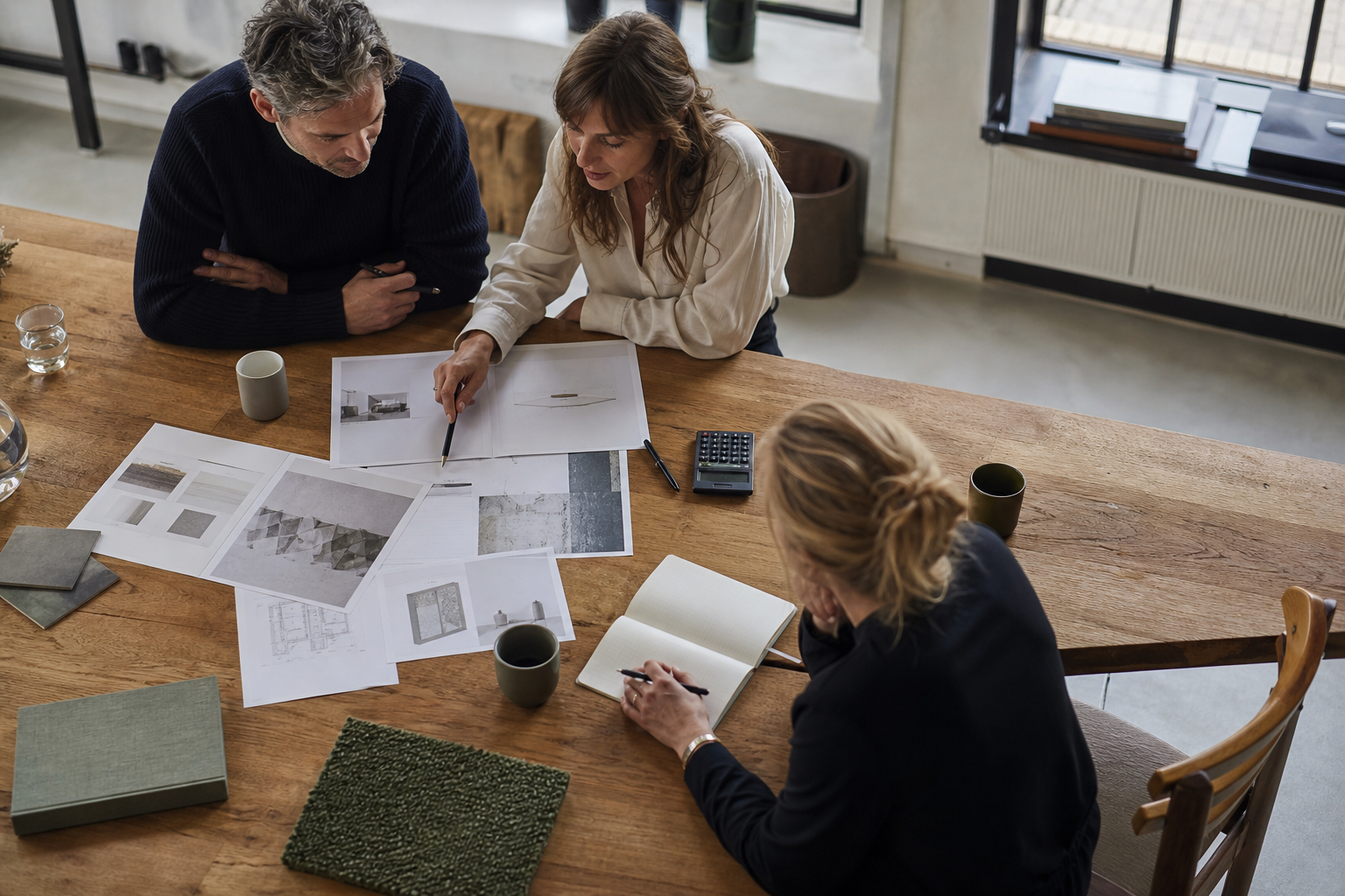 Drie collega’s bespreken plannen en materiaalstalen aan een lange houten tafel